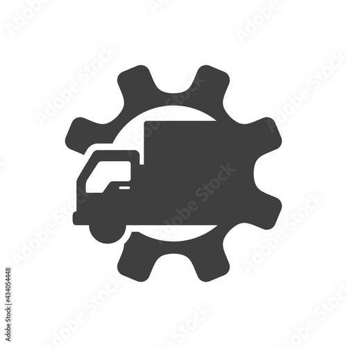 Logotipo camión de reparto con engranaje en color gris