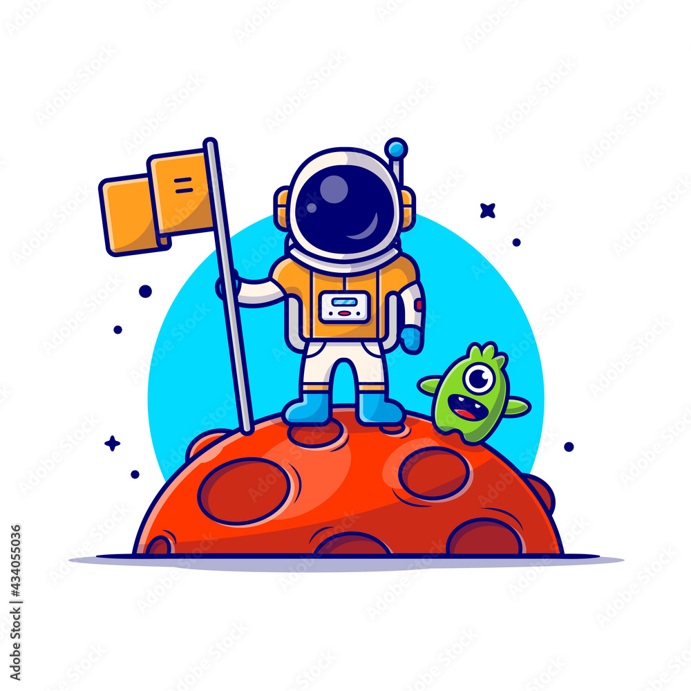 Cute Astronaut Standing Holding Flag on Moon with Cute Alien Space Cartoon  Vector Icon Illustration. Science Technology Icon Concept Isolated Premium  Vector. Flat Cartoon Style Stock Vector | Adobe Stock