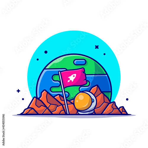 Standing Flag on Planet with Astronaut Helmet Space Cartoon Vector Icon Illustration. Science Technology Icon Concept Isolated Premium Vector. Flat Cartoon Style