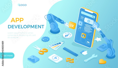 Mobile application development. UI UX phone interface design creation. Adaptive layout application web interface on smartphone screen. Isometric vector illustration for website.