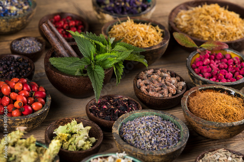 Natural remedy and wooden table background