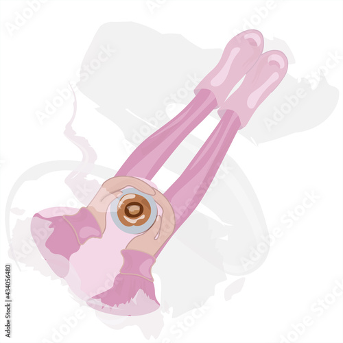 Female legs in pink socks with a cup of coffee. The girl is drinking tea. Morning vibes. Light flavorful breakfast. Cozy home with your favorite drink - coffee, tea. Vector illustration, top view.
