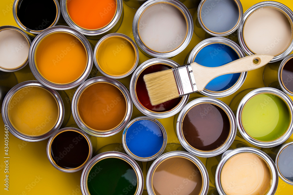 Fototapeta premium Rainbow colors, Paint can with a paintbrush