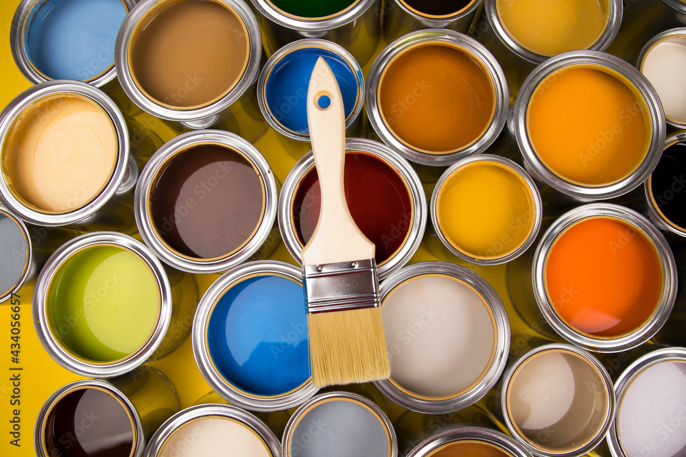 Open paint cans with a brush, Rainbow colors Open paint cans with a brush, Rainbow colors
