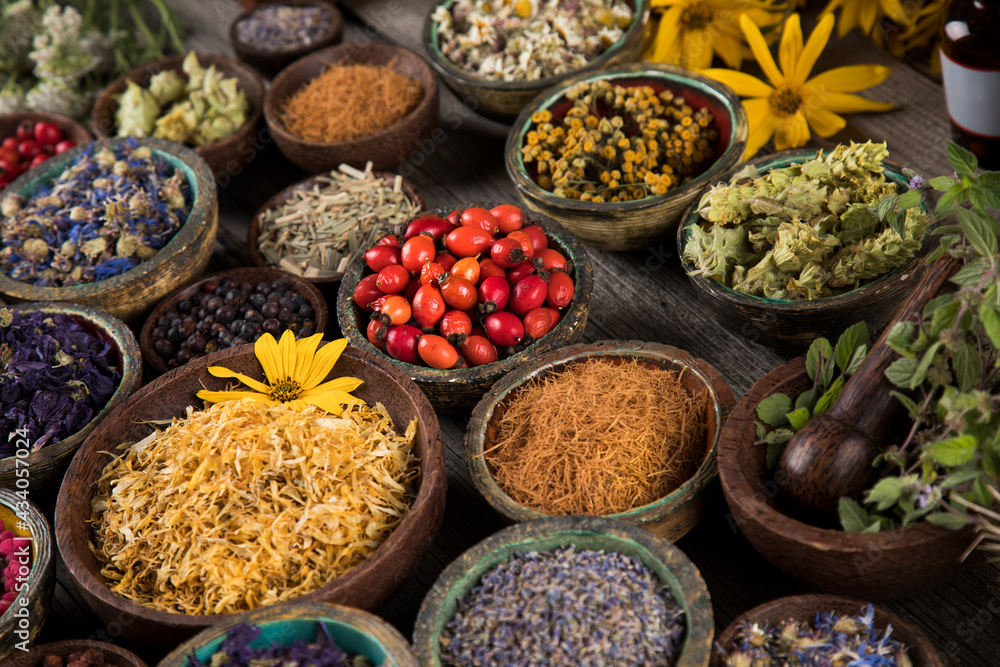 Natural remedy, healing herbs background Natural remedy, healing herbs background