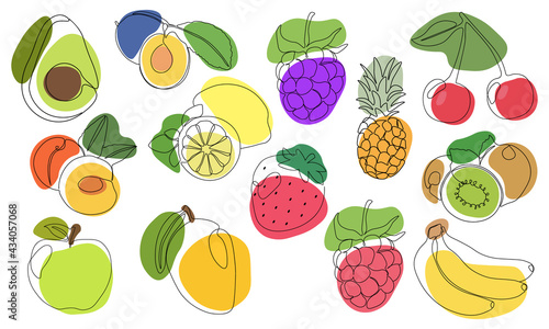 Continuous one line drawing fruits. Vector illustration. Black line art on white background with colorful spots. Set with cartoon fruits isolated on white background.  Vegan concept