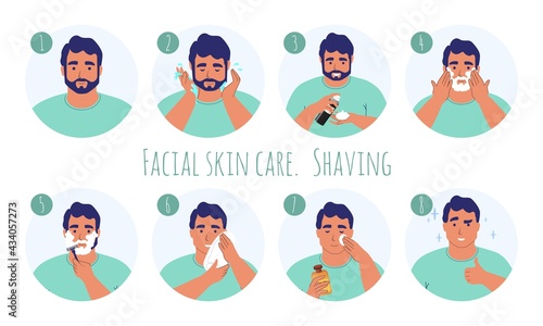 8 step men facial skin care, flat vector illustration. Male grooming, shaving routine.