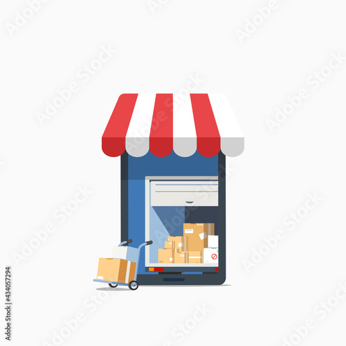 Online Shopping on Mobile Application Vector Concept. with cardboard box, metallic wheeled trolley and delivery van inside mobile phone. Digital marketing illustration