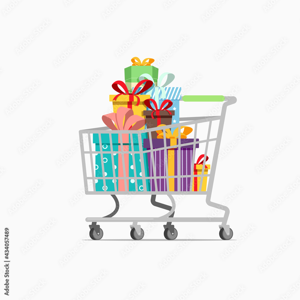 Shopping cart trolley full of gift box isolated on a white background