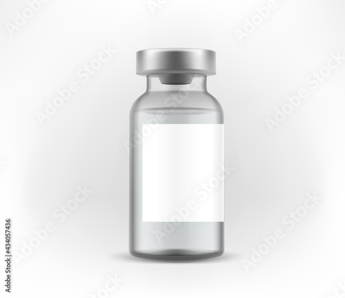 Vaccine glass vial vector mock up with empty paper sticker