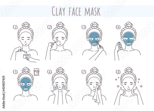 Clay face mask application and removal steps, vector illustration. Facial skin care routine, beauty procedure.