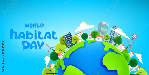 World habitat day. Cartoon style 3d horizontal illustration. Plasticine effect