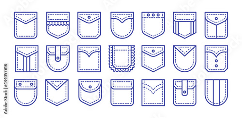 Patch pockets with flap and button closure. Different shapes flat   cargo pockets for shirt  jean and bag. Line icon set. Vector illustration. Isolated objects
