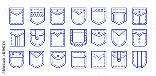 Patch pockets with flap and button closure. Different shapes flat & cargo pockets for shirt, jean and bag. Line icon set. Vector illustration. Isolated objects