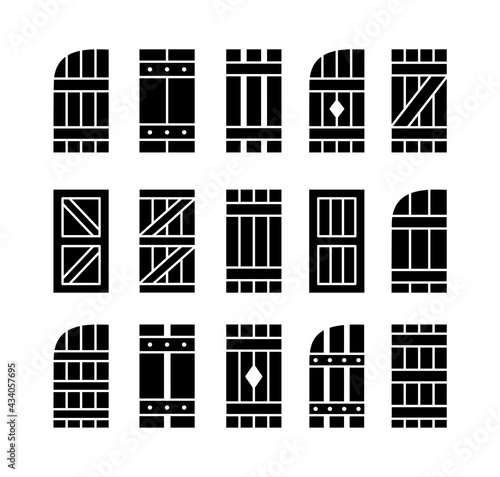 Outdoor rustic window wooden shutters. Flat icon set. Old board window blinds for house and cottage. Exterior decorative elements. Isolated objects