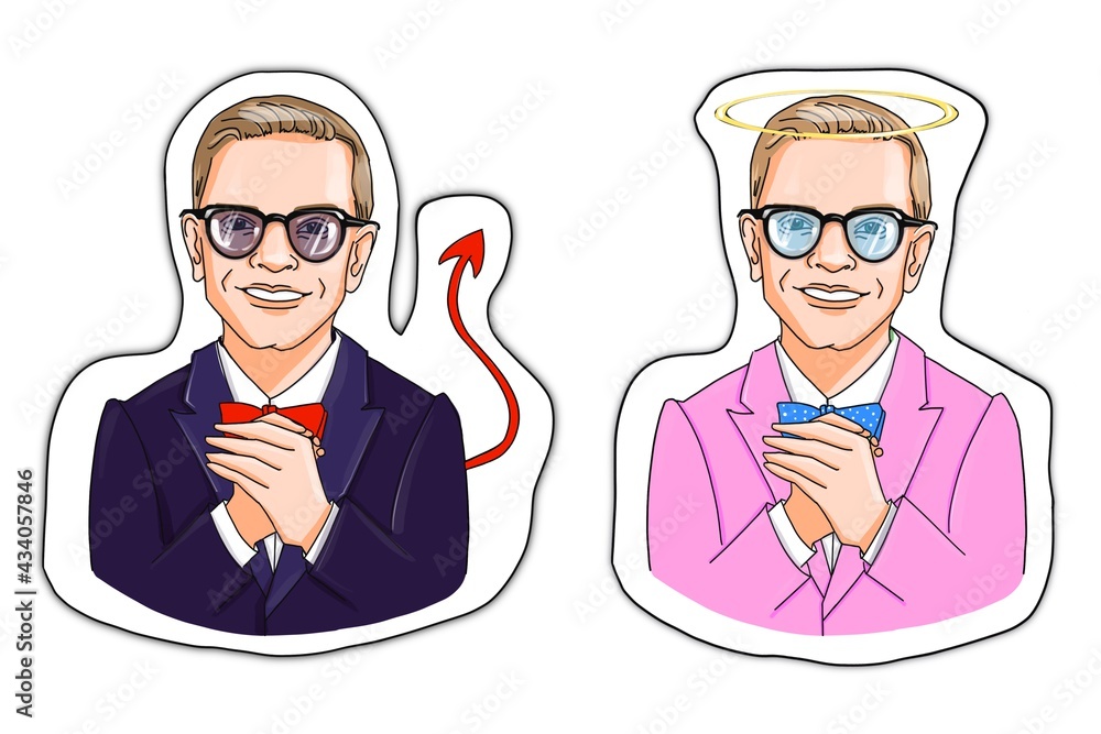 Good and bad guy. Cartoon nimb angel and demon man character. Two