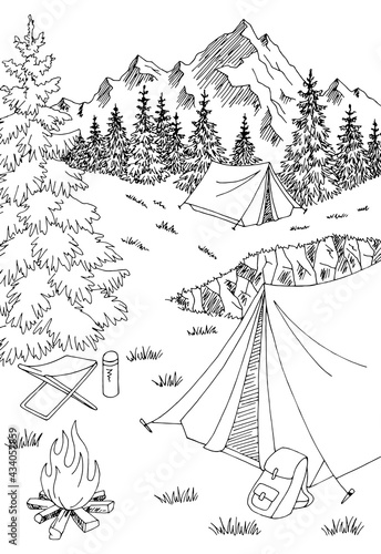 Camping vertical graphic black white mountain landscape sketch illustration vector