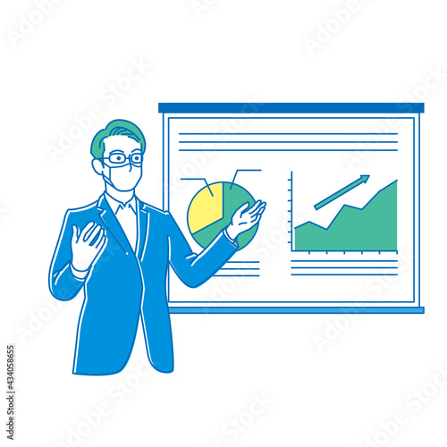 プレゼンを行うマスクを付けた男性