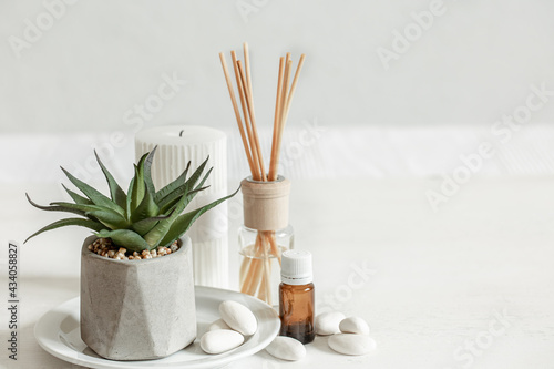 Minimalistic composition with aroma sticks and aroma oil copy space. photo