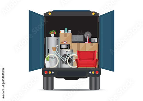 Truck with lots of boxes and furniture Concept of moving service and freight company.