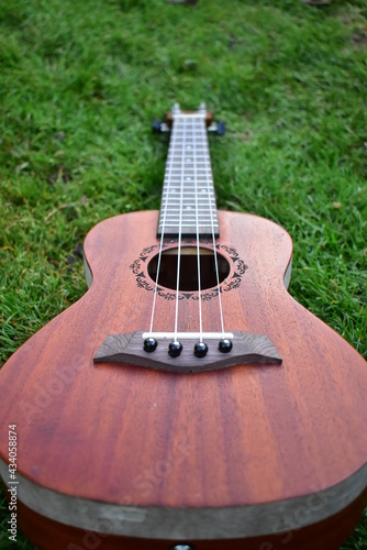 Soprano ukulele bottom view on golden yellow background.