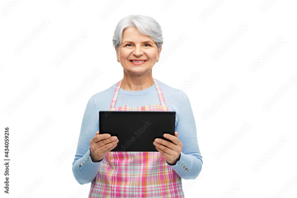 cooking, culinary and old people concept - portrait of smiling senior woman r in kitchen apron with tablet pc compute over white background cooking, culinary and old people concept - portrait of smiling senior woman r in kitchen apron with tablet pc compute over white background