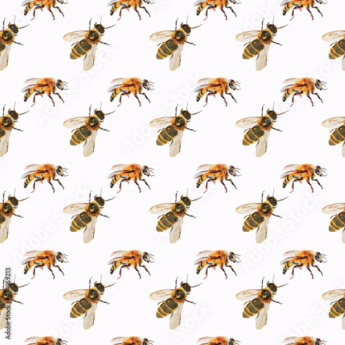 Seamless watercolor bee pattern. Haddrawn background appropriate for textile, wrapping, prints © Galina