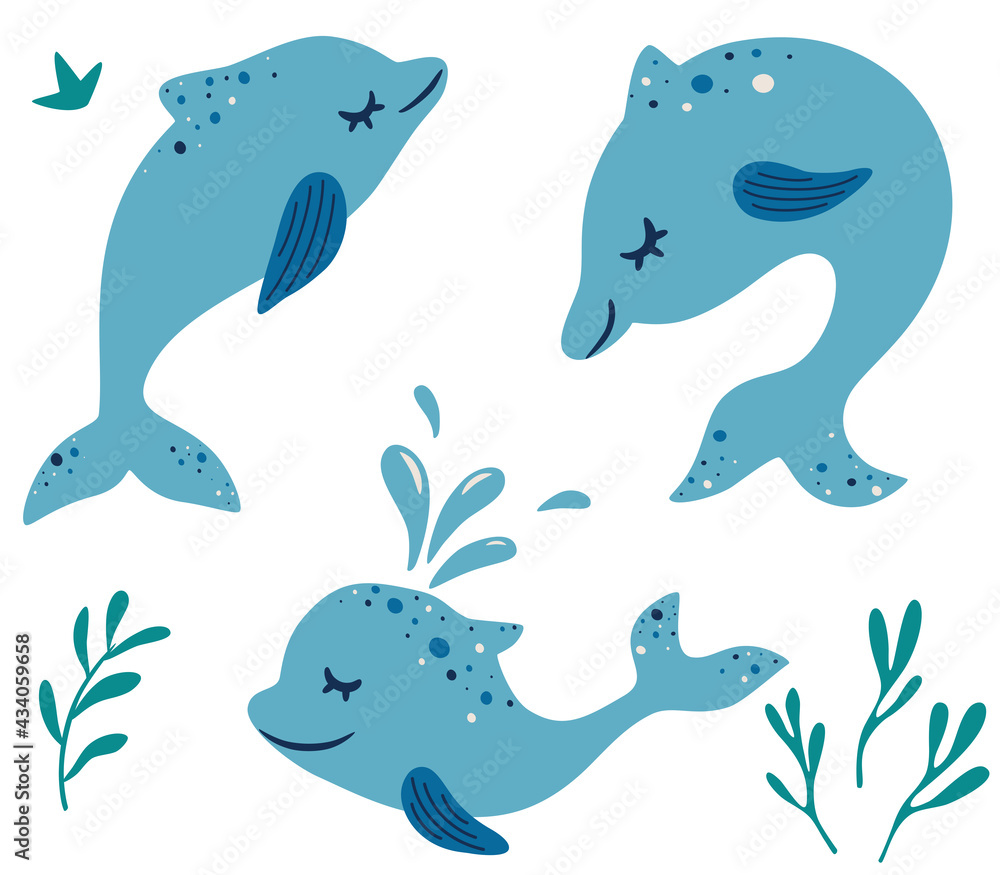 Set of cute dolphins. Different poses. Marine mammals. Cartoon Characters Funny Dolphin. Collection of sea animals. Design for baby, kids poster, nursery wall art, card, invitation. Vector Set of cute dolphins. Different poses. Marine mammals. Cartoon Characters Funny Dolphin. Collection of sea animals. Design for baby, kids poster, nursery wall art, card, invitation. Vector