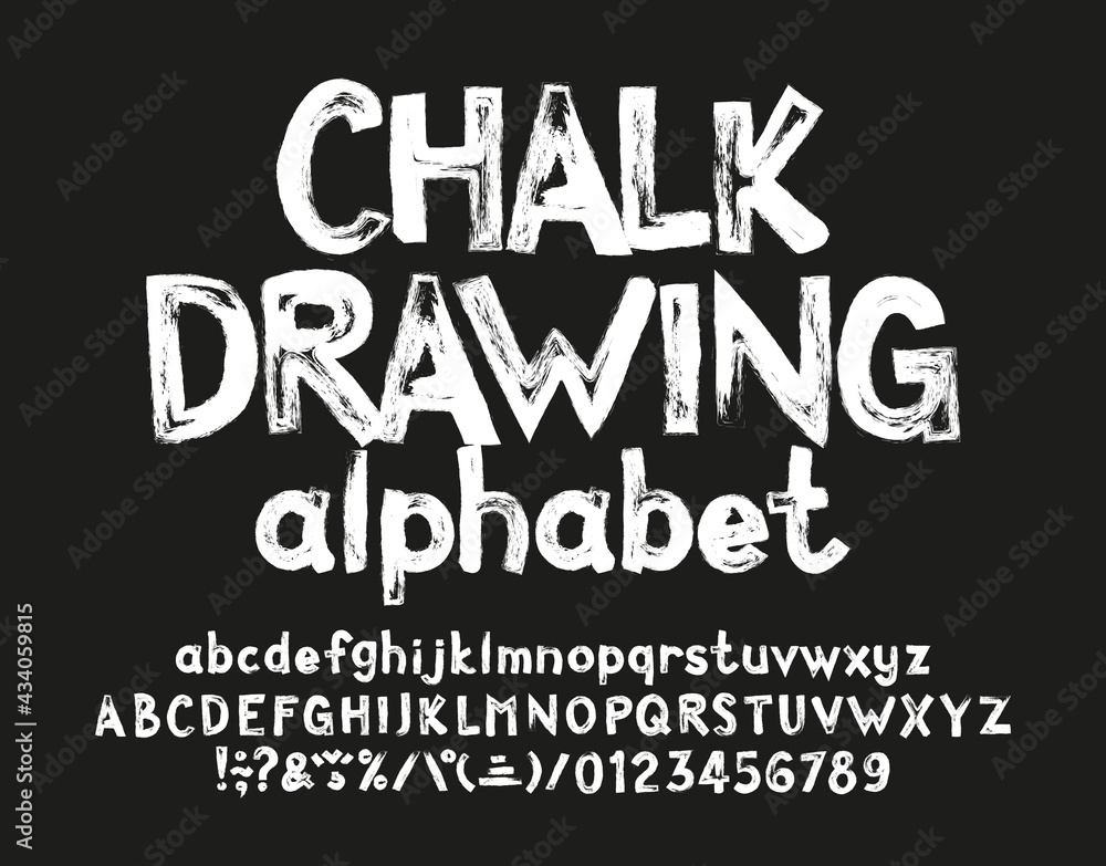 Chalk Drawing alphabet font. Hand drawn uppercase and lowercase letters, numbers and punctuation. Stock vector typeface for your typography design.