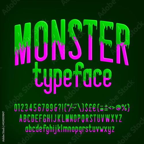 Monster alphabet font. Slime letters, numbers and punctuation. Stock vector typography for your design.