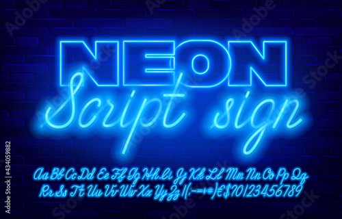 Neon script sign font. Blue neon color letters and numbers and punctuation. Uppercase and lowercase. Brick wall background. Stock vector typescript for your design.