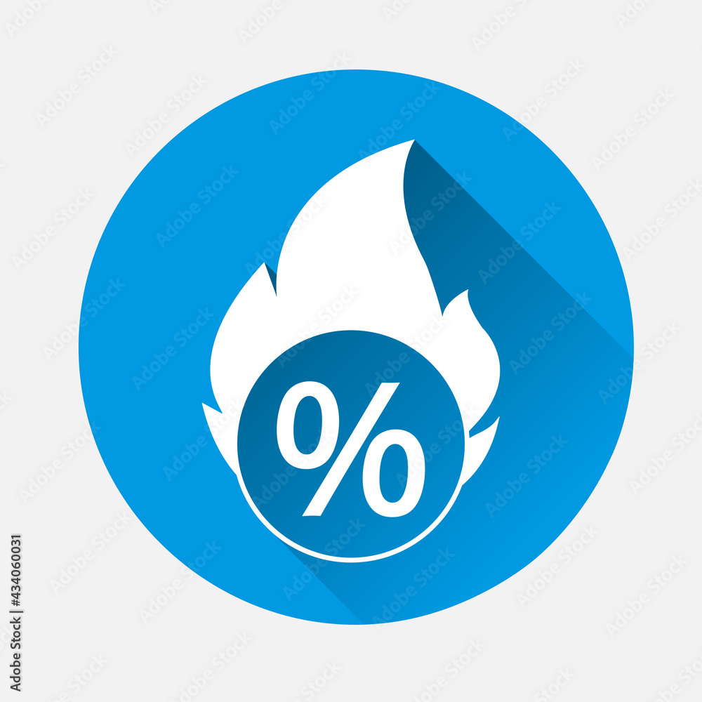 Fire and percent icon on blue background. Flat image with long shadow. Fire and percent icon on blue background. Flat image with long shadow.