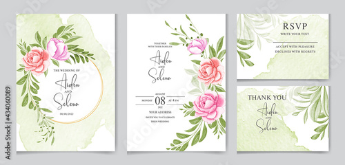 Greenery wedding invitation template set with soft watercolor floral frame and border decoration. rose flower and green leaves botanic illustration for card composition design. photo