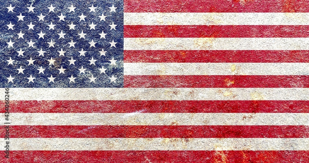 Faded USA national flag banner pattern isolated on rusty mottled iron wall background, abstract design grunge US old glory concept texture wallpaper for decoration Faded USA national flag banner pattern isolated on rusty mottled iron wall background, abstract design grunge US old glory concept texture wallpaper for decoration