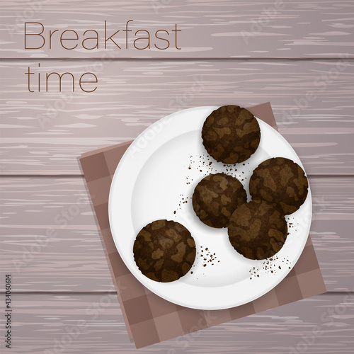 Breakfast time poster with white dish, plate and chocolate cookies brownie, checkered napkin on wooden desk. Vector illustration for postcard greeting card, banner, web, advertising, menu, articles.