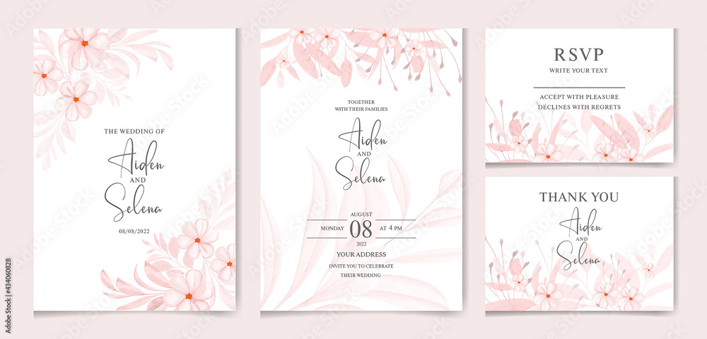 Creamy wedding invitation template set with soft watercolor floral frame and border decoration. Flowers and creamy leaves botanic illustration for card composition design.