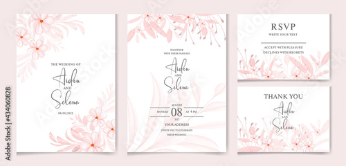 Creamy wedding invitation template set with soft watercolor floral frame and border decoration. Flowers and creamy leaves botanic illustration for card composition design.