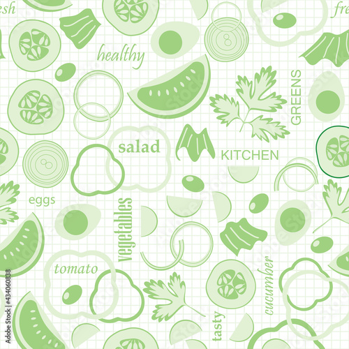 sliced vegetables and words in collage - light green seamless vector background with salad ingredients