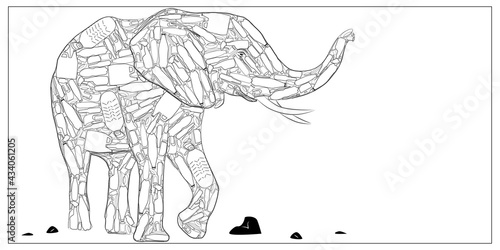 Elephant outline. Plastic trash. A black and white sketch to illustrate the environmental issues associated with plastic waste.