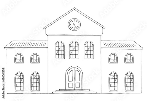 Railway station building exterior graphic black white sketch illustration vector