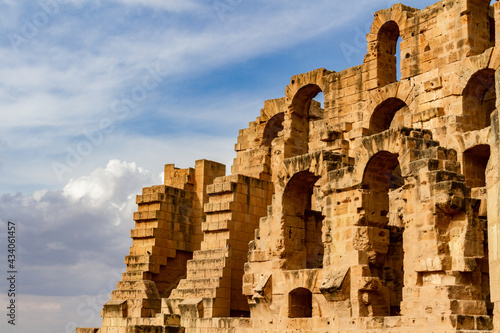 Ruins of the largest coliseum in North Africa. Demolished ancient walls Roman amphitheatre at El Djem, Tunisia, Nord Africa