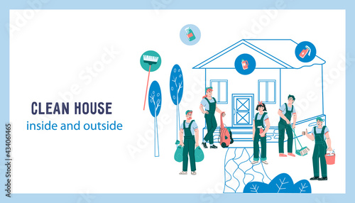 Professional cleaning service website  or landing page banner template with janitors and cleaners characters. Cleaning house and backyard, garden maintenance, cartoon vector illustration.
