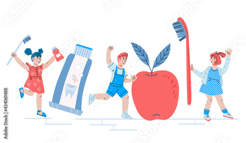 Children dental care concept with cute kids and dentist. Design for pediatric dentistry services and educational activity on kids dental hygiene rules, cartoon vector illustration isolated on white ba