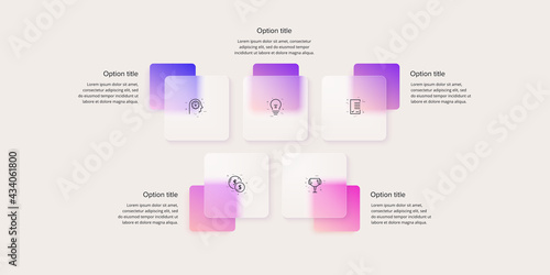 Business process chart infographics with 5 step squares. Rectangular corporate workflow graphic elements. Company flowchart presentation slide. Vector info graphic in glassmorphism design.