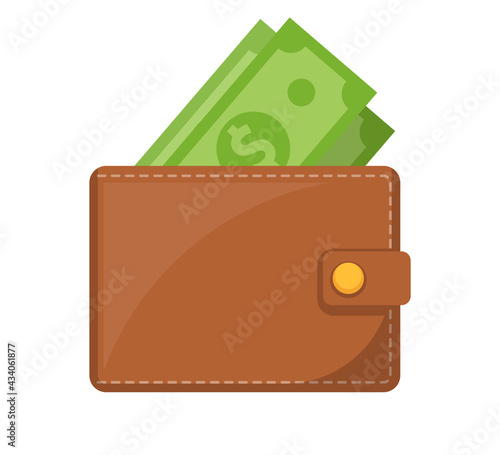 Wallet icon. Brown wallet with green paper money. Wallet with money dollar bank note. Vector illustration.