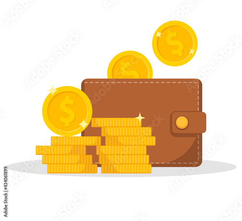 Wallet icon. Wallet and stack of coin. Cash back icon with coins and wallet. Vector illustration.