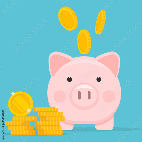 Piggy bank and coins icon. Save money concept. Vector illustration.