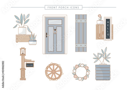 Spring Front Porch Decor. Icons set