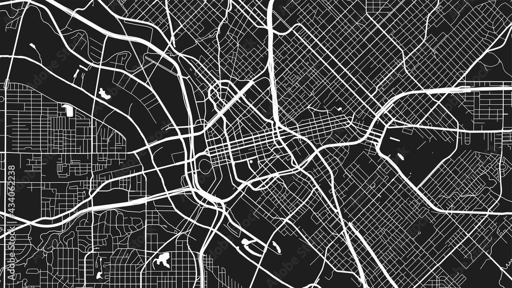 White black Dallas city area vector background map, streets and water cartography illustration.