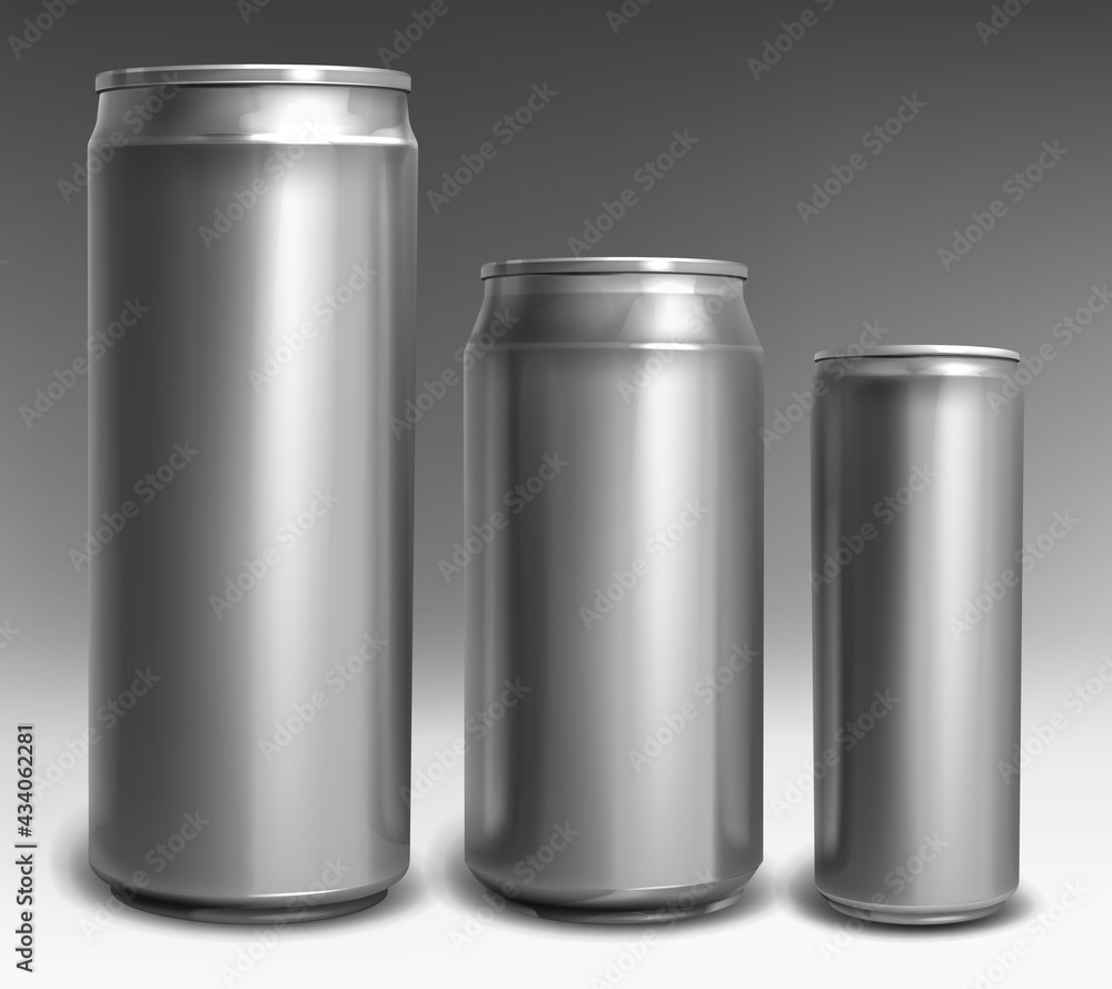 Sliver aluminium cans different sizes for soda, beer, energy drink, cola, juice or lemonade isolated on gray background. Vector realistic mockup, template of metal tin can for cold beverage front view Sliver aluminium cans different sizes for soda, beer, energy drink, cola, juice or lemonade isolated on gray background. Vector realistic mockup, template of metal tin can for cold beverage front view